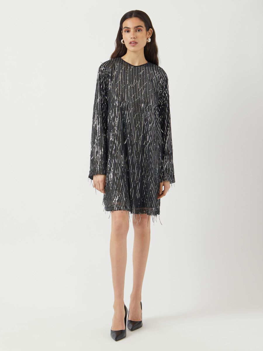 Product carousel image - YASLANTRA SEQUIN FRINGE MINI DRESS, Black | 1