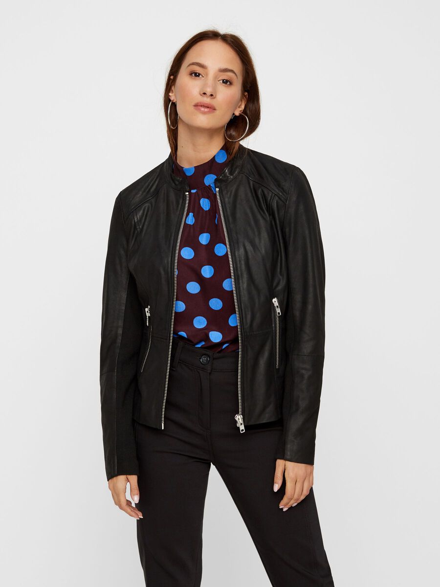 MANDARIN COLLAR LEATHER JACKET, Black, highres