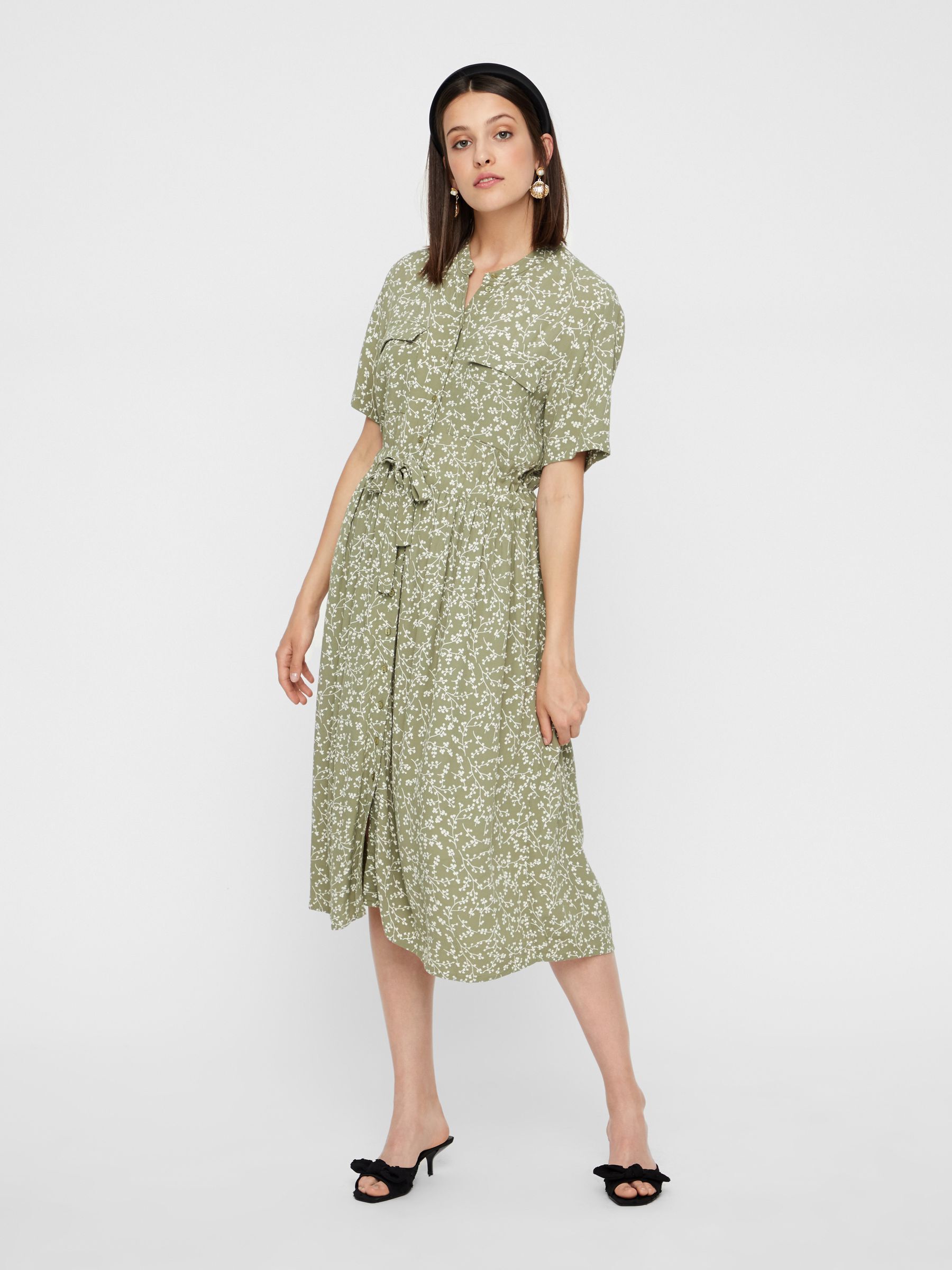 Green spot drawstring waist midi shirt dress new arrivals